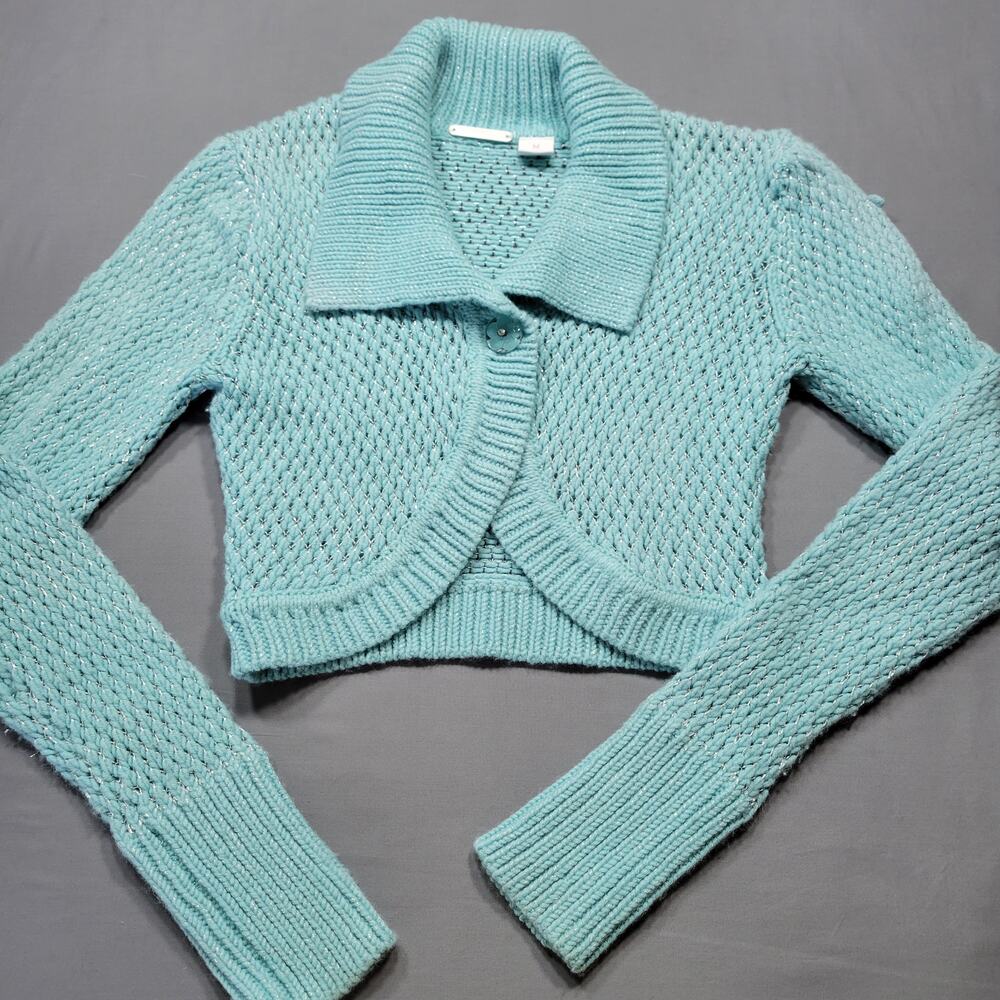 Pandemonium Blue Wool Crop Cardigan Sweater Long Sleeves Metallic Women's Size M